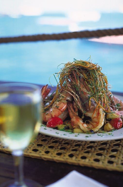 Het Weer en andere Tips voor uw reis naar Mozambique prawns garnalen met goed glas Zuid-Afrikaanse wijn