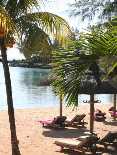 Strand op Mauritius met palmbomen en ligbedjes