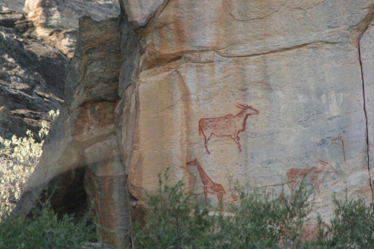 Rotstekening van een eland en een giraffe in het Twijfelfontein gebied in Namibië
