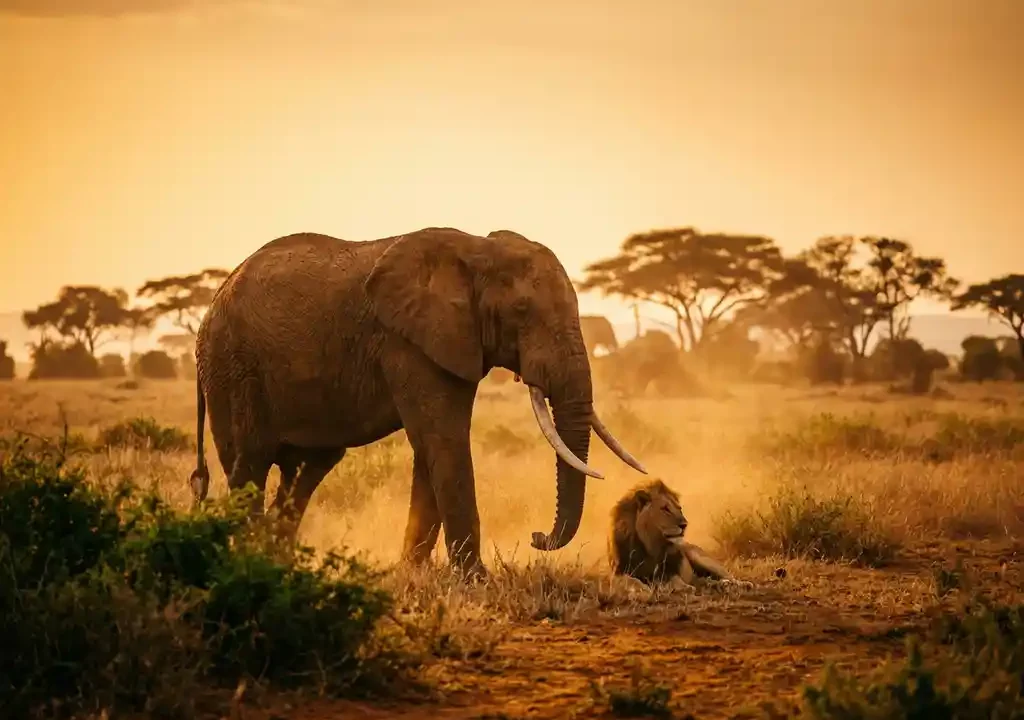 Afrikaanse olifant en rustende leeuw op de savanne bij gouden uur, acacia's silhouet tegen een amber lucht.