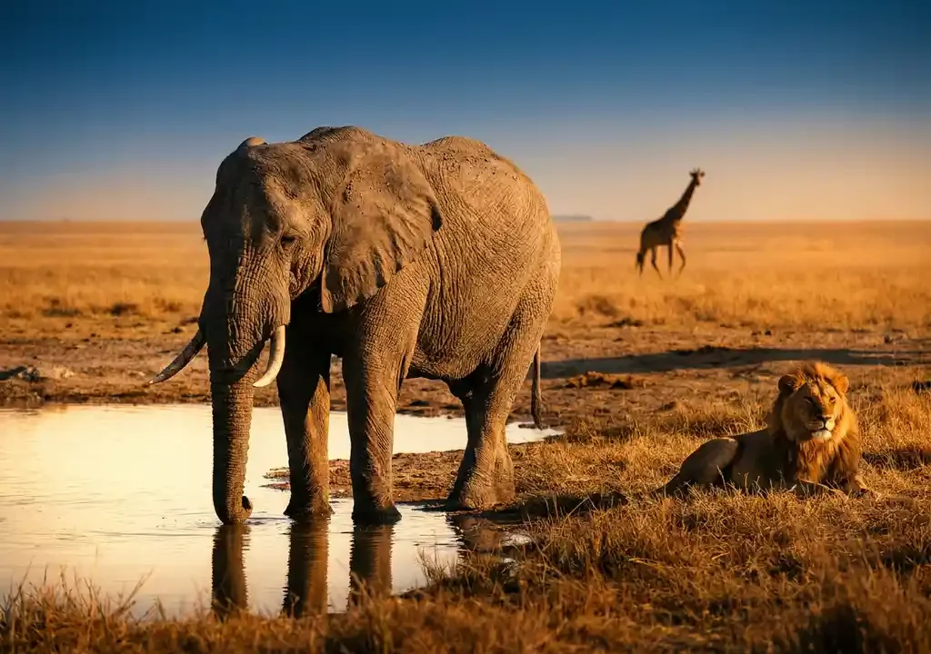 Afrikaanse olifant bij een savannewaterhole tijdens gouden uur, met een leeuw en giraf zichtbaar in het wijde landschap.