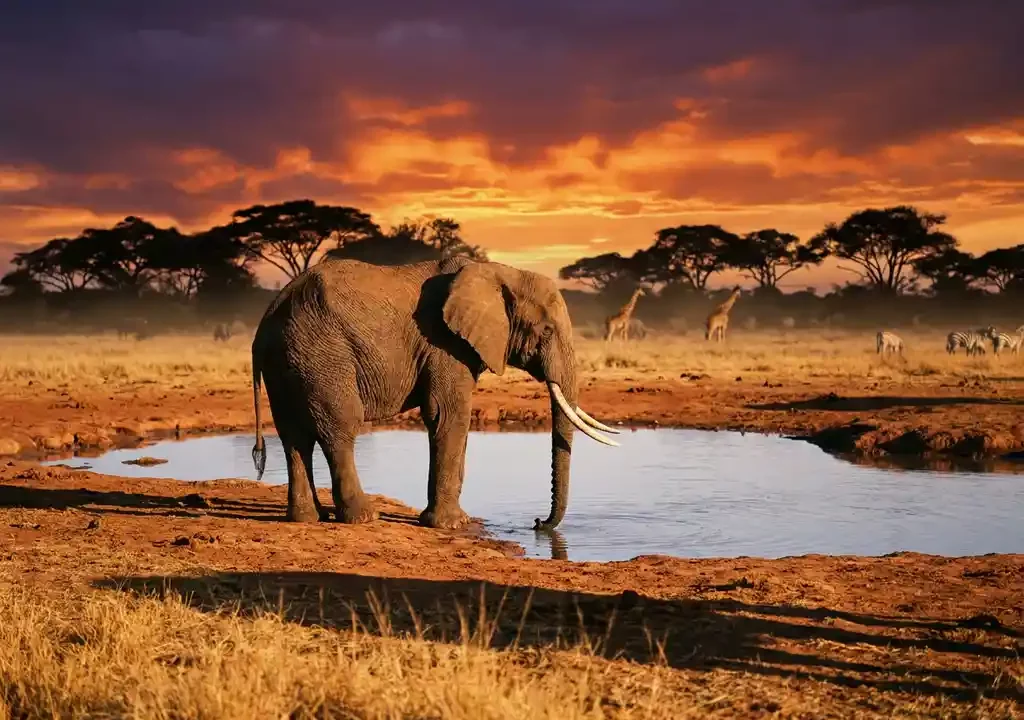 Afrikaanse olifant bij een savannewaterpoel in het gouden avondlicht, met silhouetten van acaciabomen tegen een amberkleurige lucht.