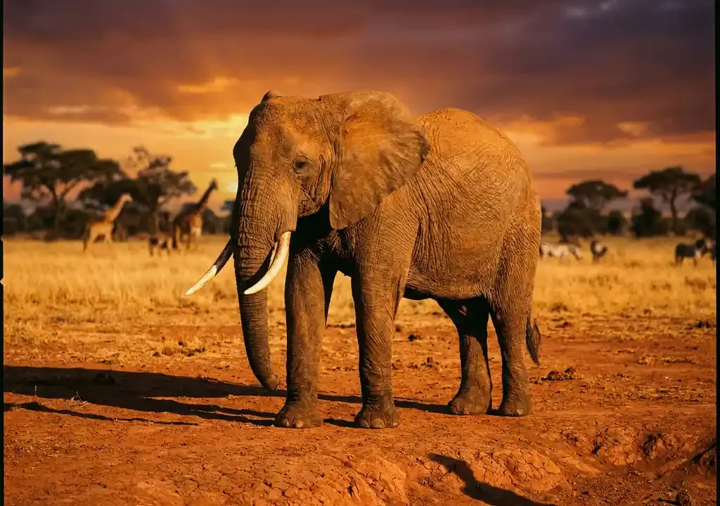 Afrikaanse olifant aan de rand van de savanne bij zonsondergang, met acaciabomen en een amberkleurige violette lucht.