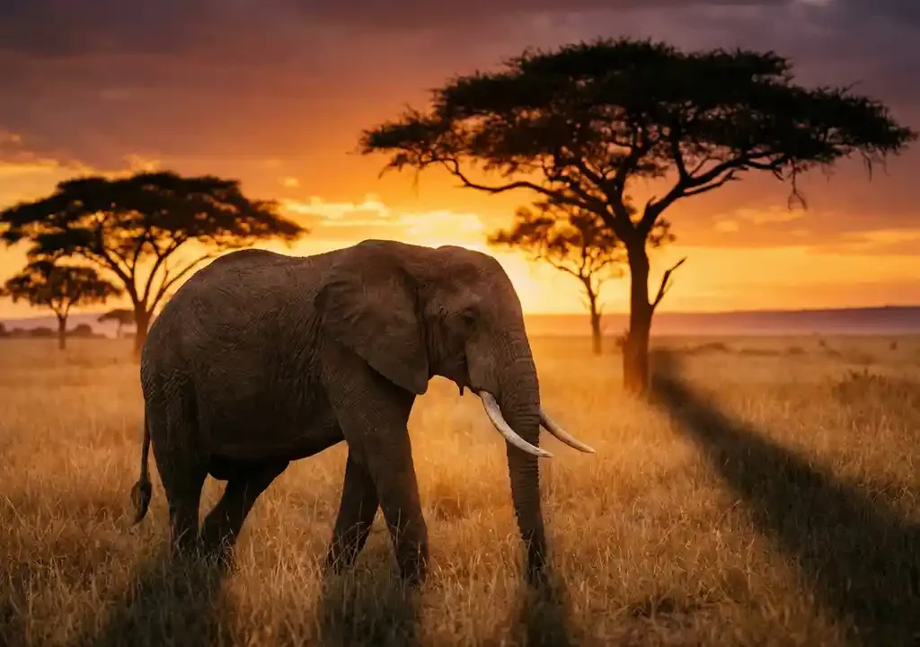 Afrikaanse olifant wandelt door gouden savannegras bij zonsondergang, met acacia's silhouet tegen een oranje lucht.