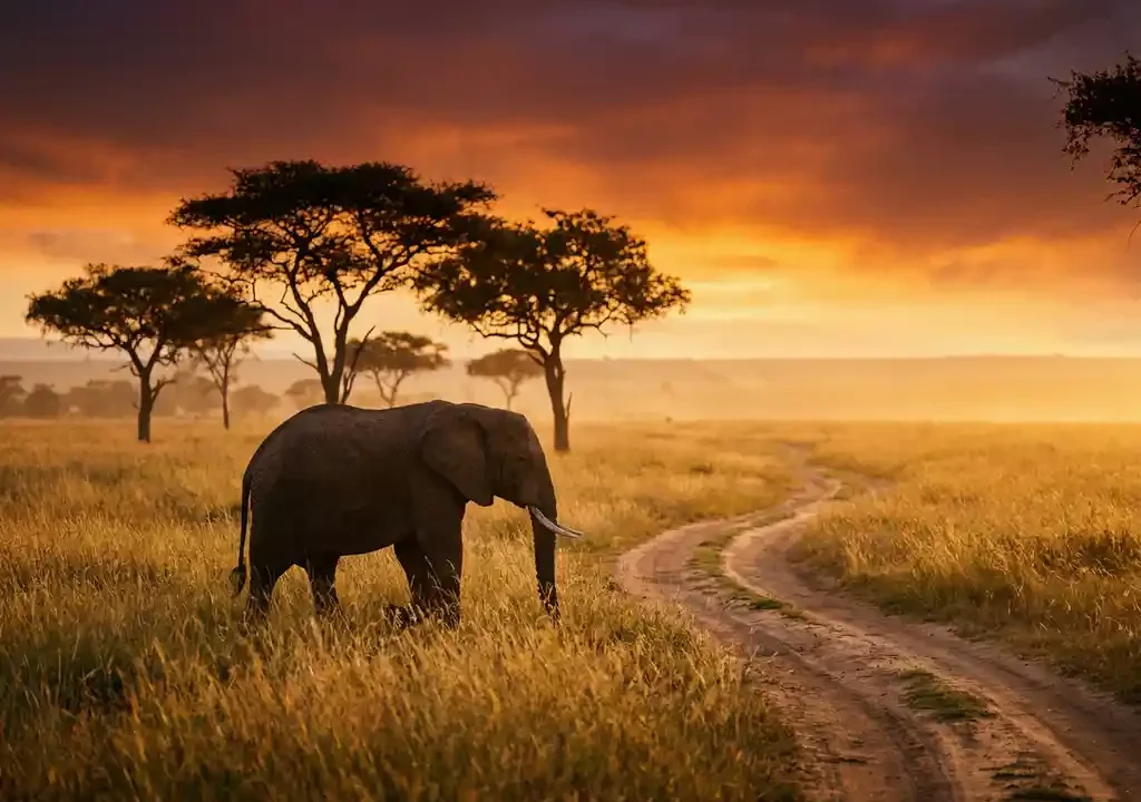 Afrikaanse olifant in gouden savannegras bij zonsondergang, acacia's silhouet tegen amber en violet lucht, Kenia.