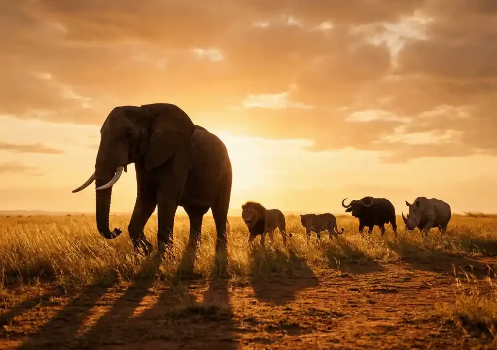 Afrikaanse olifant leidt de Big Five door gouden savannegras bij schemering, met leeuw, luipaard, buffel en neushoorn op de achtergrond.