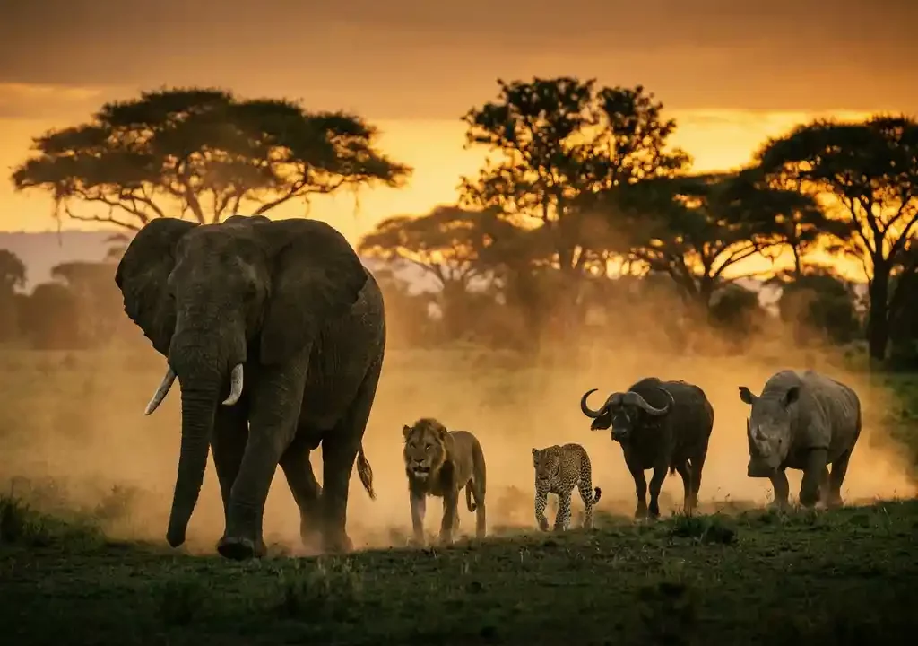 Afrikaanse olifant leidt de Grote Vijf door gouden savanne bij dageraad, met acaciabomen tegen een amber horizon.