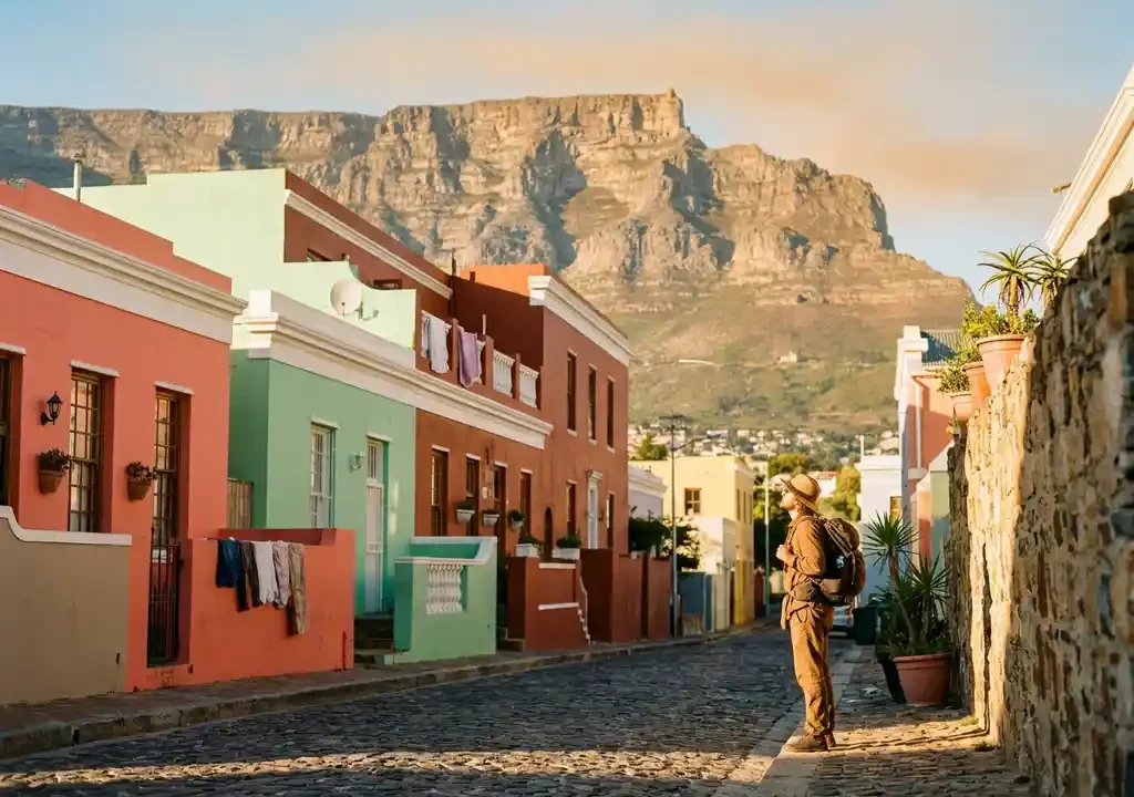 Reiziger in de kleurrijke Bo-Kaap-wijk van Kaapstad met Table Mountain op de achtergrond in het late middaglicht.