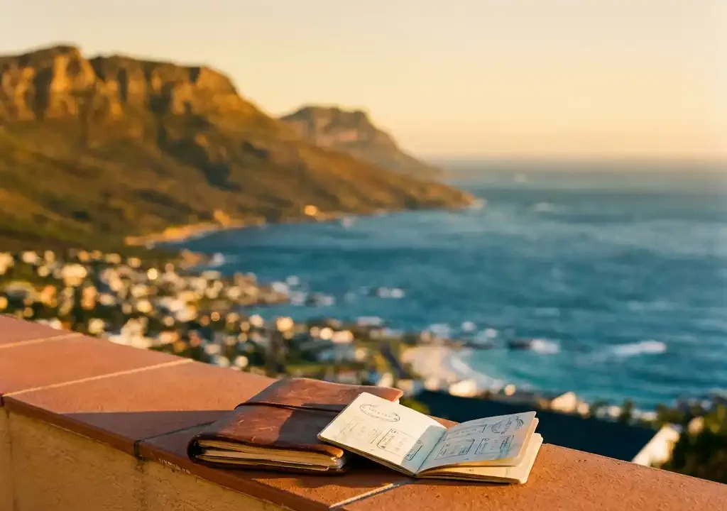 Versleten reisdagboek en paspoort op terras met uitzicht op Lion's Head en de Atlantische Oceaan in Kaapstad bij gouden uur.
