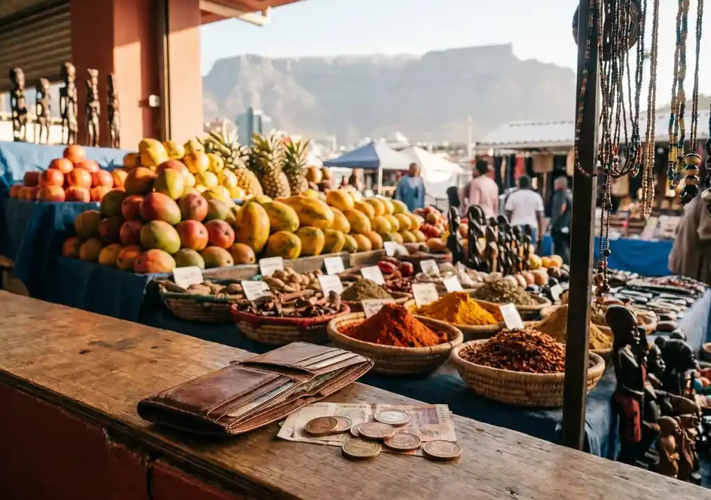 Kleurrijke Kaapstadse marktkraam met vers fruit, souvenirs en kruiden, Tafelberg op de achtergrond, leren reisportemonnee met Zuidafrikaanse rand.