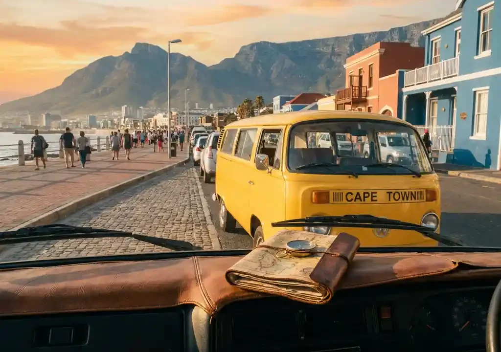 Gele minibustax op Kaapstadse promenade met Tafelberg op de achtergrond, leren reiskaart op dashboard, gouden uurtlicht.