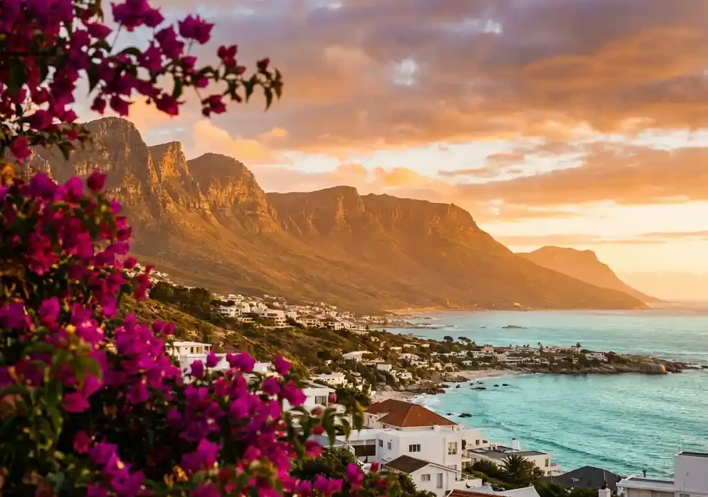 Tafelberg in Cape Town in goudgeel avondlicht, omlijst door magenta bougainvillea, met witte gebouwen en de turquoise Atlantische Oceaan.