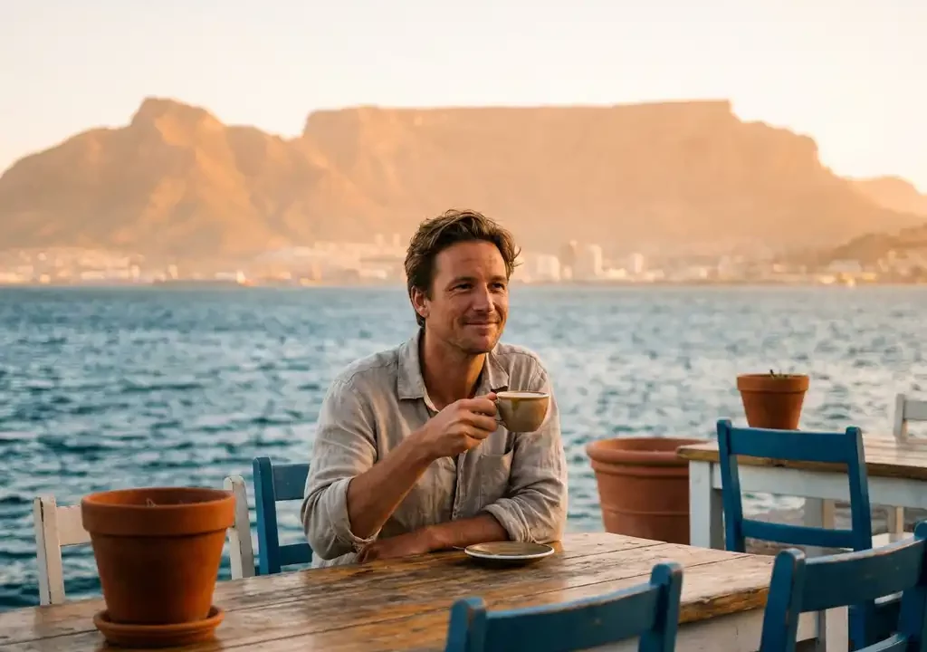 Reiziger geniet van koffie op een terras aan de Kaapstadse waterfront tijdens gouden uur, met Tafelberg op de achtergrond.