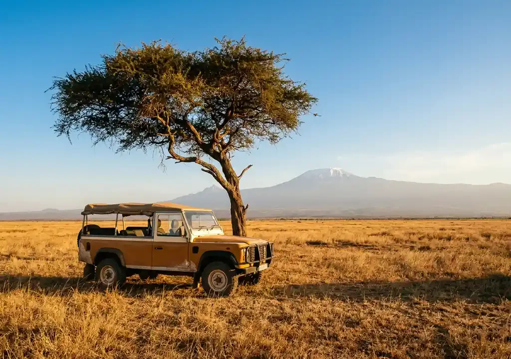 Safari Land Rover op goudkleurig savannegras met besneeuwde top van de Kilimanjaro en acacia in warm avondlicht.
