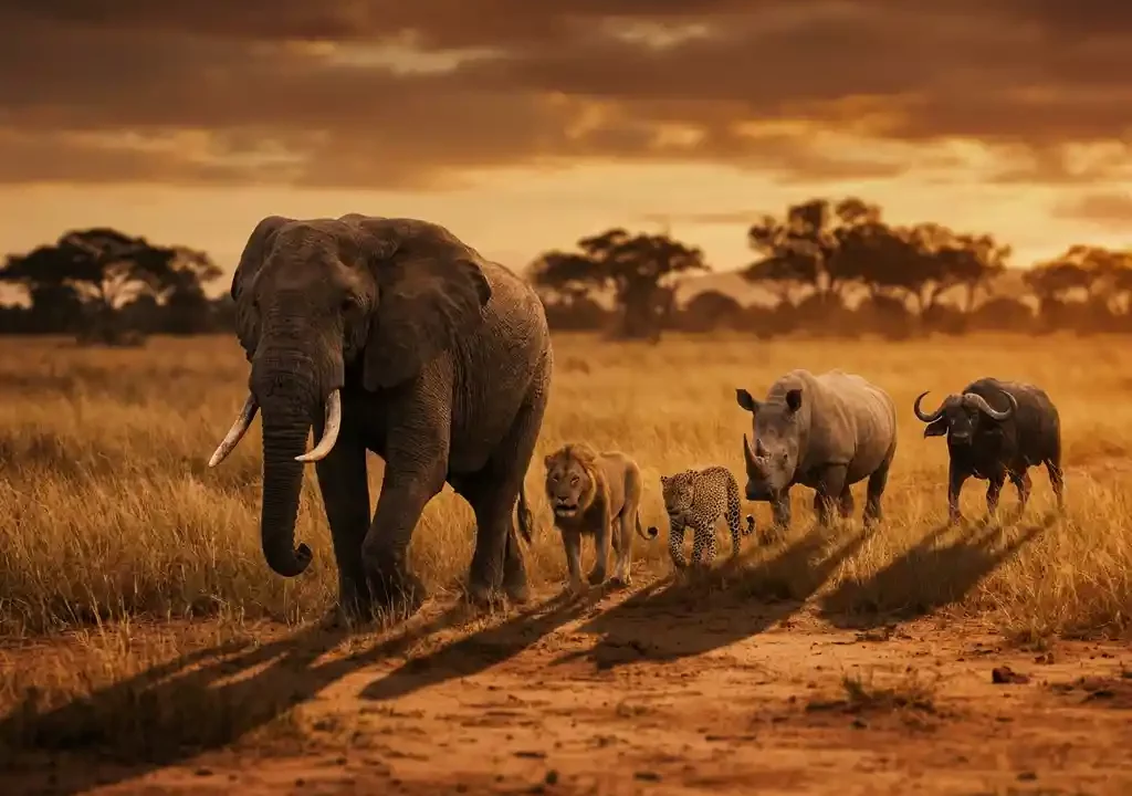 Afrikaanse olifant leidt de Big Five door gouden savannegras bij schemering in Kruger Park, met acaciabomen aan de horizon.