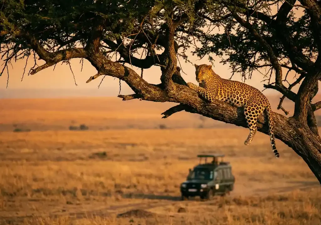 Luipaard rustend op acacia tak in Kruger National Park, met gouden savannegras en safariauto in de verte tijdens gouden uur.