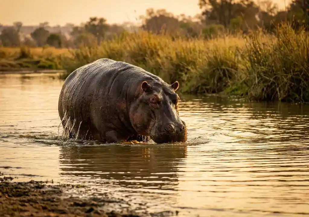Nijlpaard dat uit een modderige Afrikaanse rivier oprijst, water druipt van zijn brede grijze huid, gouden savannegras op de achtergrond.