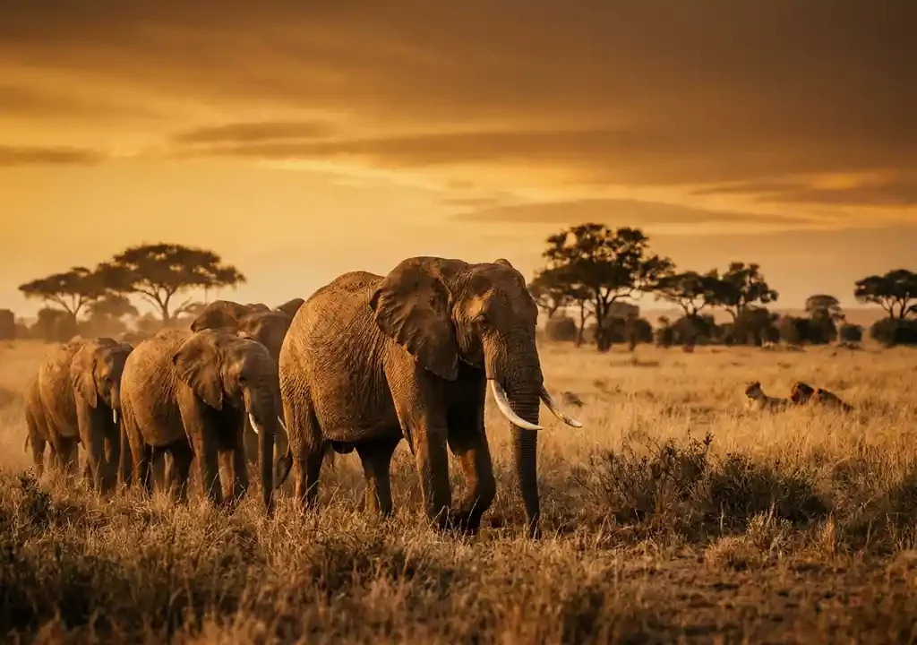 Afrikaanse olifant leidt kudde over droge savanne bij gouden uur, acacia's silhouet tegen amberkleurige lucht, leeuwenroedel in hoog gras.