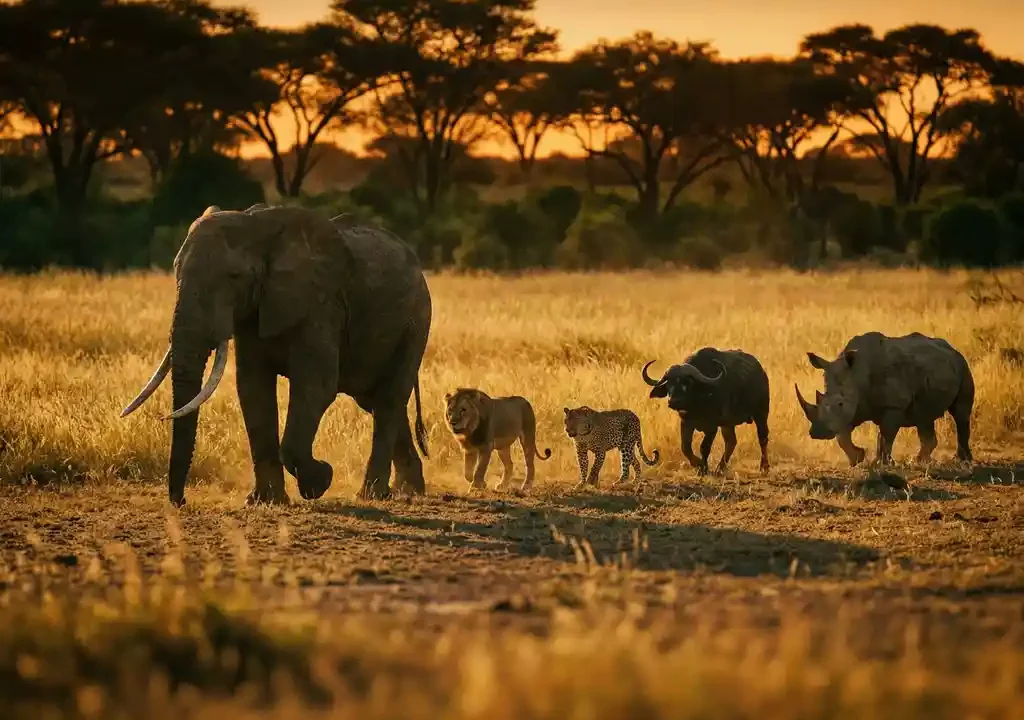 Afrikaanse olifant leidt de Big Five door gouden savannegras bij schemering, met acaciabomen tegen een amber horizon.