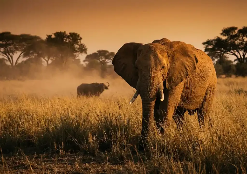 Afrikaanse olifant in gouden savannegras tijdens golden hour, met Kaapse buffel en acacia's op de achtergrond.