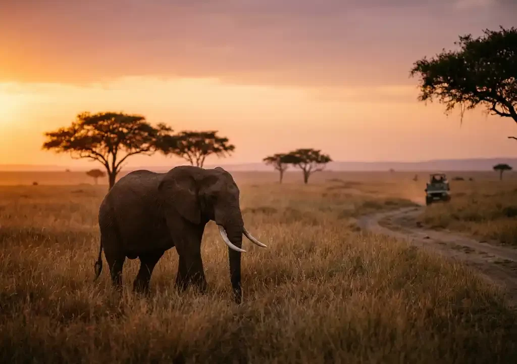 Eenzame olifant wandelt door gouden savannegras bij zonsondergang, met gesilhouetteerde acaciabomen tegen een amber lucht.