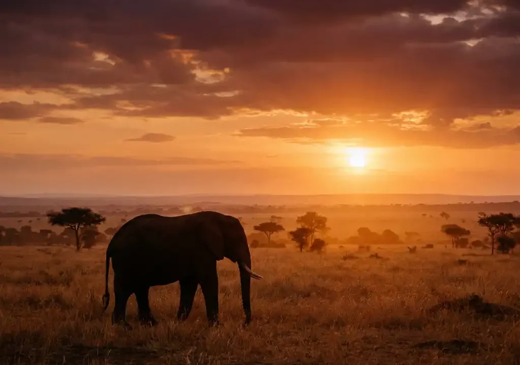 Silhouet van een olifant in de Afrikaanse savanne bij gouduur, droog gras en een acacia aan de horizon.