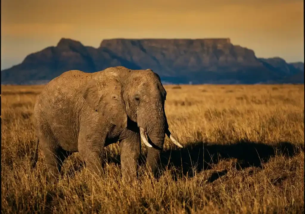 Afrikaanse olifant in gouden savannegras met de vlakke top van de Tafelberg in de mistige achtergrond tijdens gouden uur.
