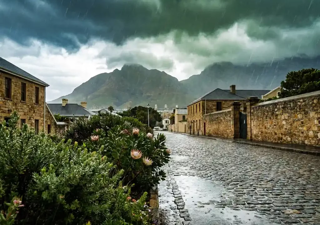 Regenbui boven Kaapstads Tafelberg, met glinsterende fynbos op natte kasseien en dramatische grijsblauwe wolken.