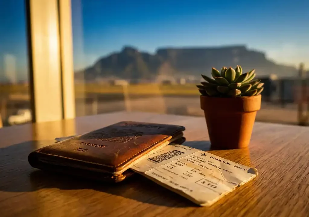 Versleten leren paspoort en instapkaart op houten tafel bij succulent, met Cape Town bergsilhouet op de achtergrond in gouden avondlicht.