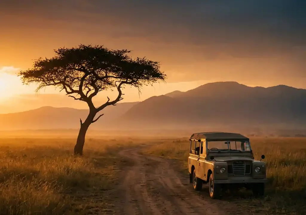 Acacia-silhouet tegen gouden savanne bij zonsondergang, met safariauto op onverharde weg richting beboste bergen in warme ambergloed.