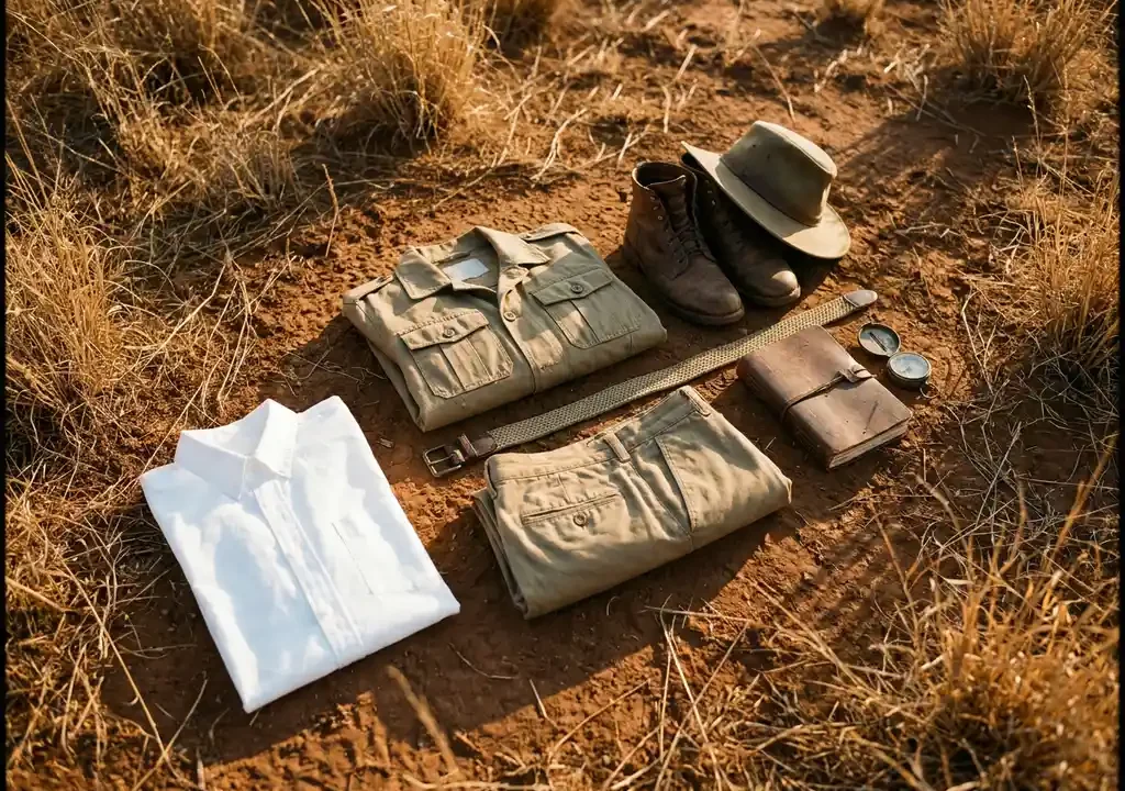 Safarikleding in khaki en aardetinten plat neergelegd op rood Afrikaans zand, omringd door droog savannegras en een versleten leren veldboek.