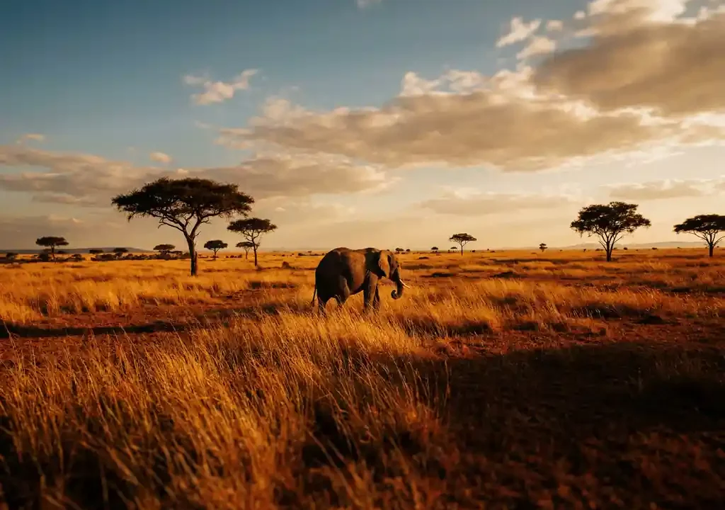 Eenzame olifant wandelt door gouden savannegras bij zonsondergang, met acacia's silhouet tegen een Afrikaanse hemel.