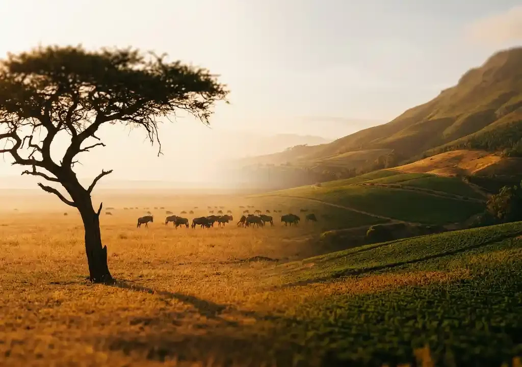 Eenzame acacia silhouet tegen amberkleurig Serengeti-landschap dat overvloeit in weelderige Kaapse wijnvallei, met grazende gnoes in warm gouduur licht.