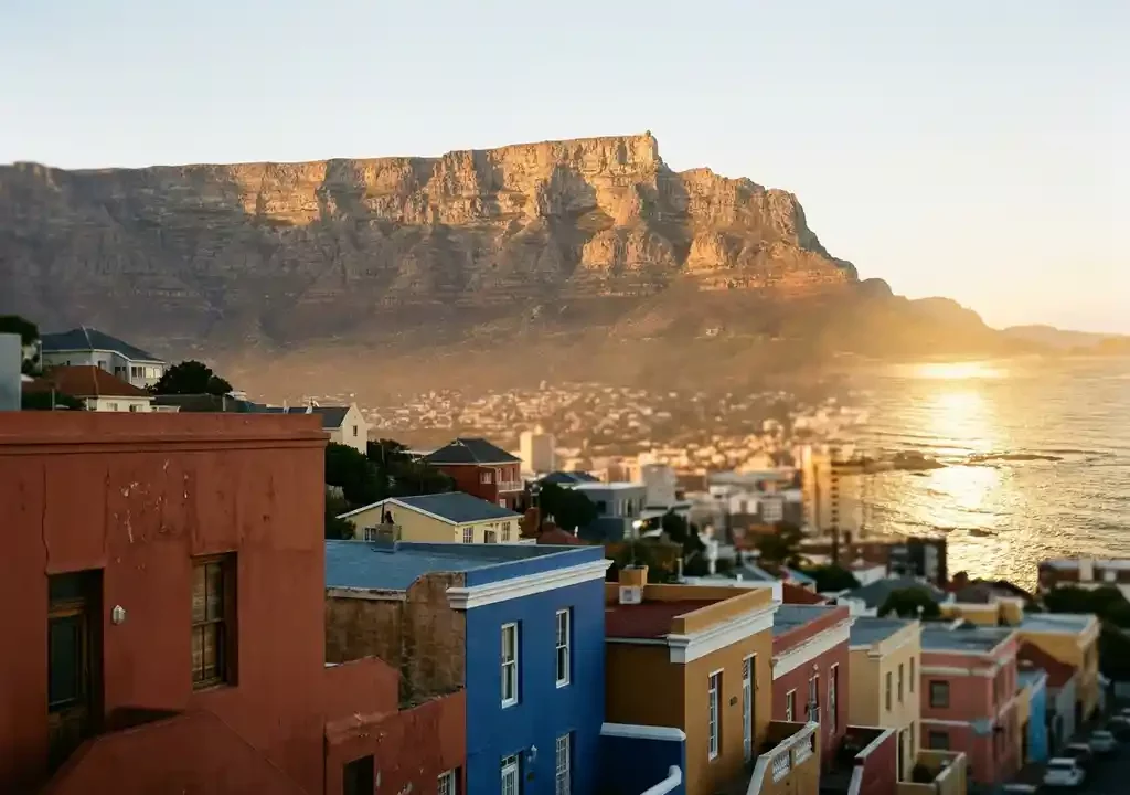 Kleurrijke Bo-Kaap huizen in terracotta en kobaltblauw met Tafelberg en Atlantische Oceaan op de achtergrond bij gouden uur.