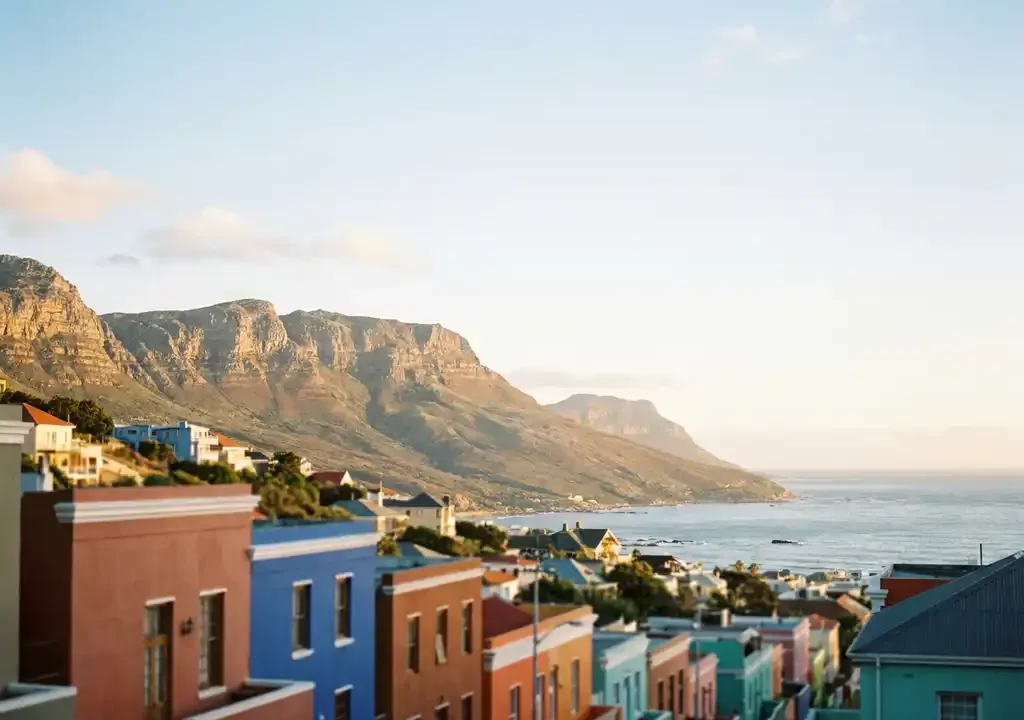 Kleurrijke huizen in de Bo-Kaap-wijk met de vlakke top van de Tafelberg en de Atlantische Oceaan op de achtergrond bij gouden uurszonlicht.