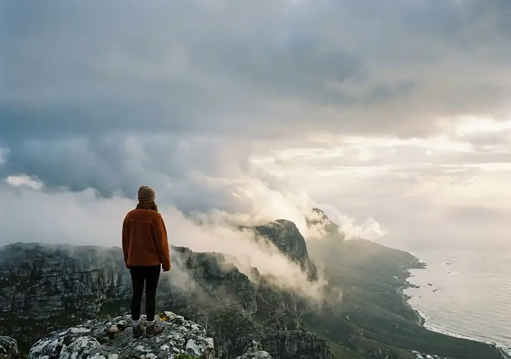Wandelaar op de rotstop van Tafelberg met wolken die over het plateau rollen en Kaapstad's kustlijn glanzend beneden.