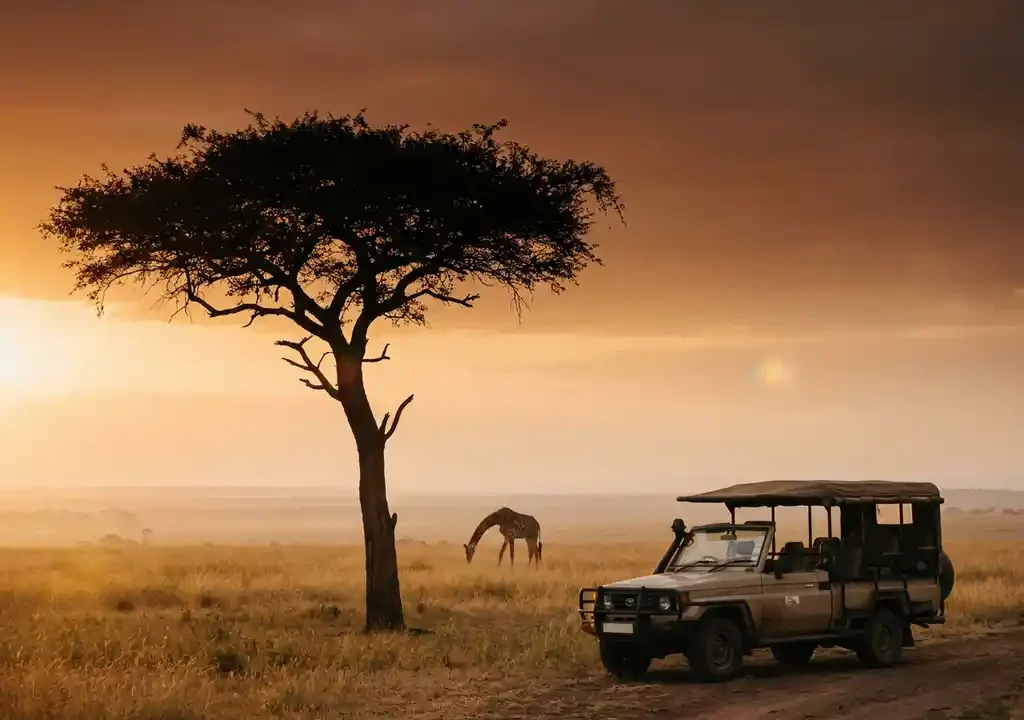 Silhouet van een acacia tegen de gouden savanne van Tanzania bij zonsopgang, met een Land Cruiser en grazende giraf op de achtergrond.