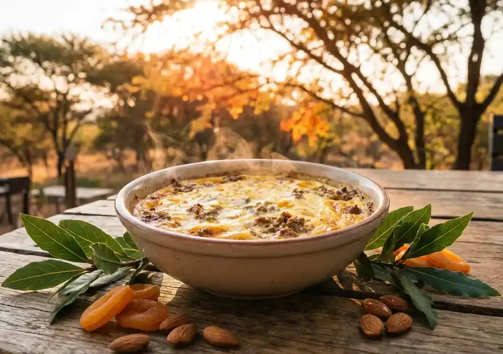 Dampende kom traditionele Zuid-Afrikaanse bobotie op rustieke houten tafel, warm goudkleurig middaglicht door acacia's op de achtergrond.
