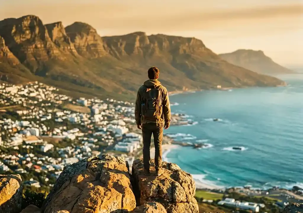 Wandelaar op de top van Lion's Head met zicht op Kaapstad, de Atlantische kust en Tafelberg in gouden avondlicht.