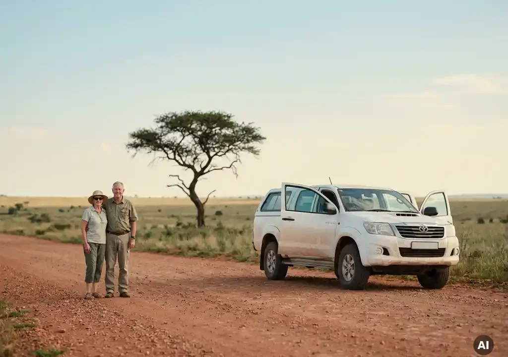 Gepensioneerd stel naast een rode grindweg in de Zuid-Afrikaanse savanne, met een acacia en hun 4x4 in warm middaglicht.