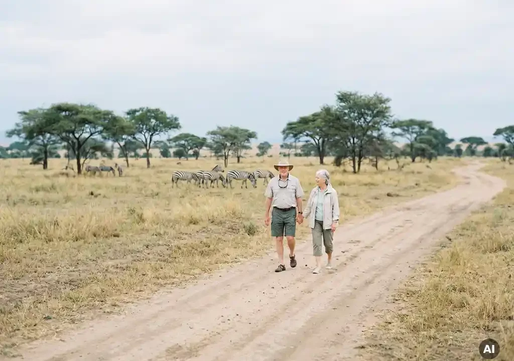 Gepensioneerd stel wandelt op een breed savannepad met zebra's grazend op de achtergrond en acacia's in het Afrikaanse landschap.