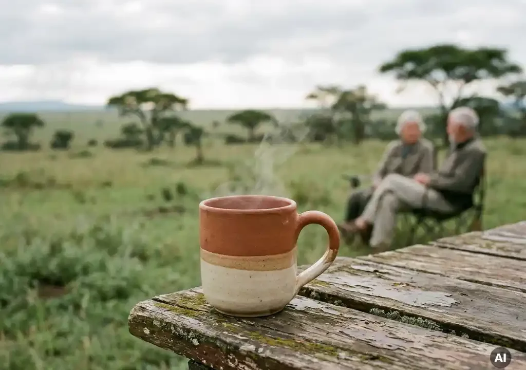 Dampende keramische koffiekop op verweerd houten tafel met Afrikaans savannelandschap en acacia's op de achtergrond.