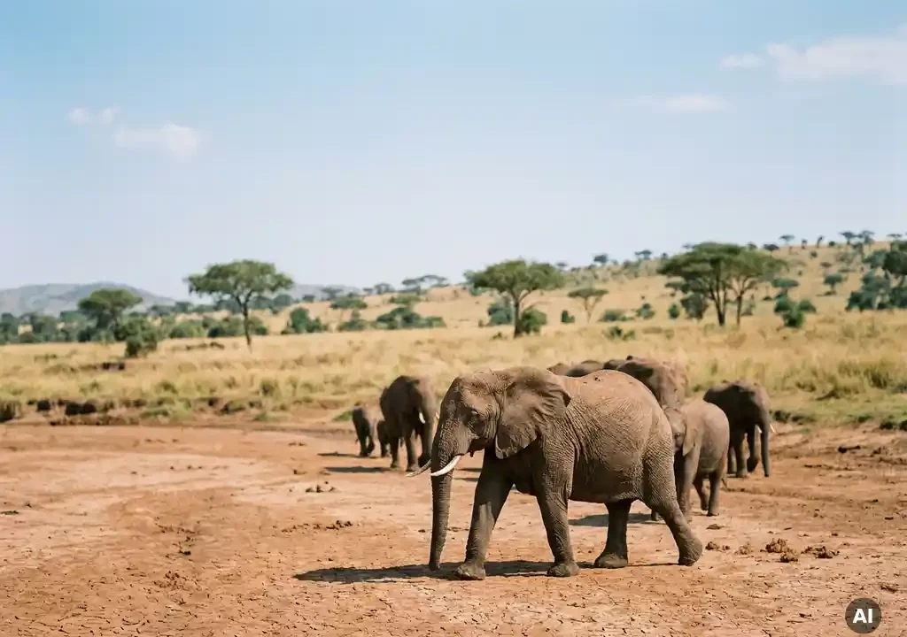 Kudde olifanten steekt droog rivierbed over in de Afrikaanse savanne, met acaciabomen en goudkleurig gras op de achtergrond.