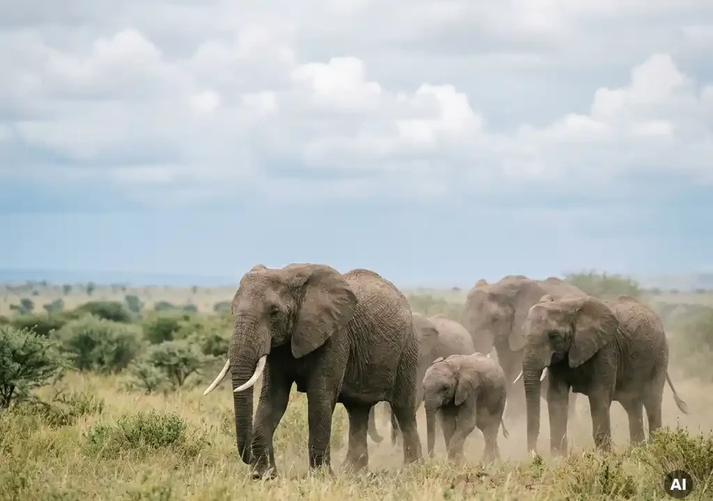 Kudde olifanten trekt door goudgroene Afrikaanse savanne, met opwaaiend stof en bewolkte blauwe lucht.
