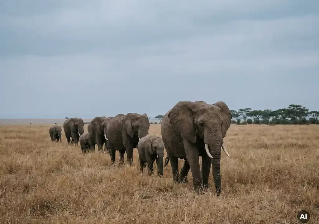 Kudde olifanten trekt over droge savanne met goudgeel gras en verre boomgrens onder bewolkte hemel.