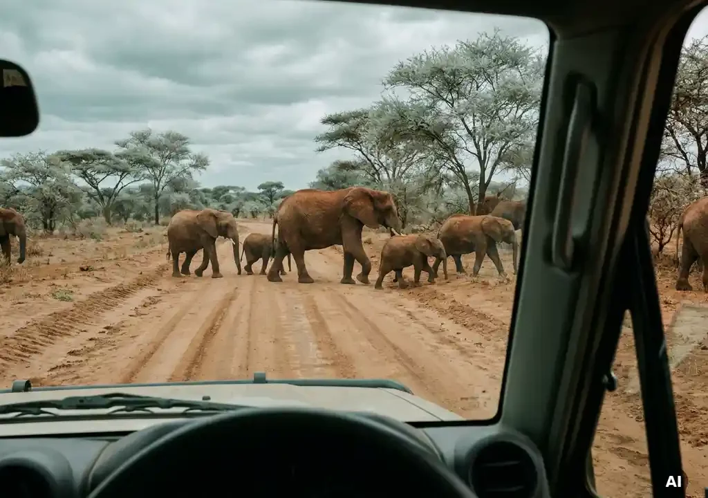 Olifantenfamilie steekt een onverharde rode aarden weg over in de droge Afrikaanse bush, omgeven door acacia's.