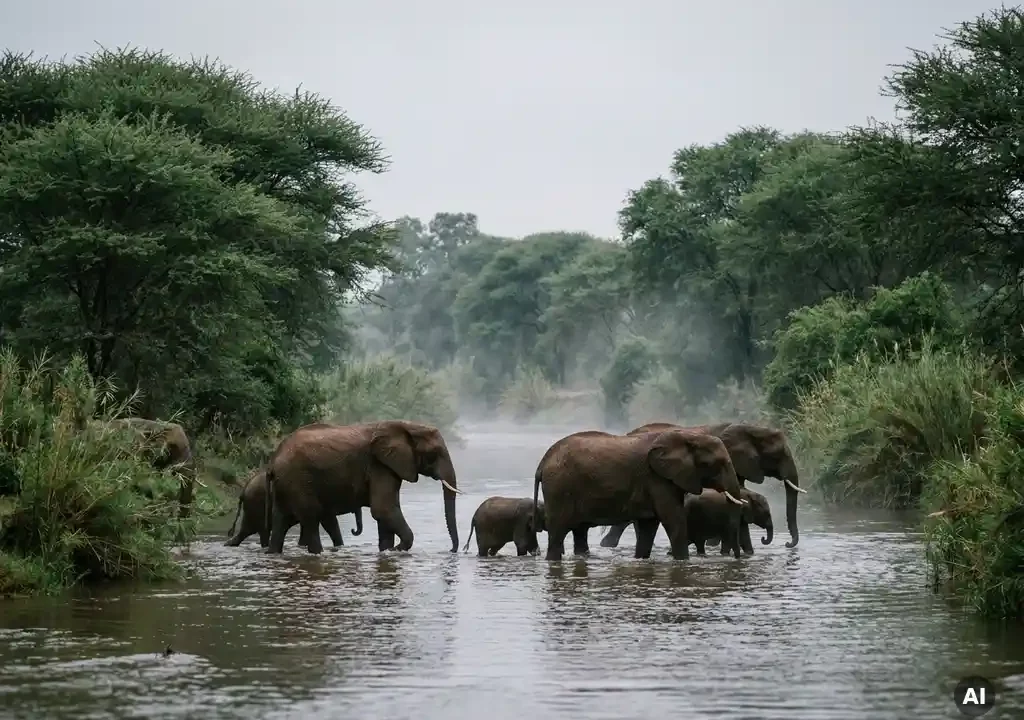 Familie olifanten doorwaadt een ondiepe rivier in de Afrikaanse bush, omgeven door dichte acacia's onder bewolkte hemel.