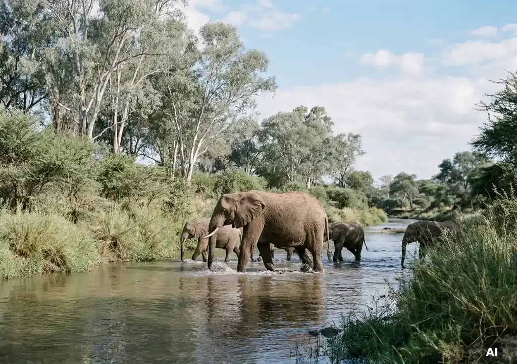 Olifantenfamilie doorwaadt een ondiepe rivier in de savanne, omgeven door acacia's onder een blauwe lucht.
