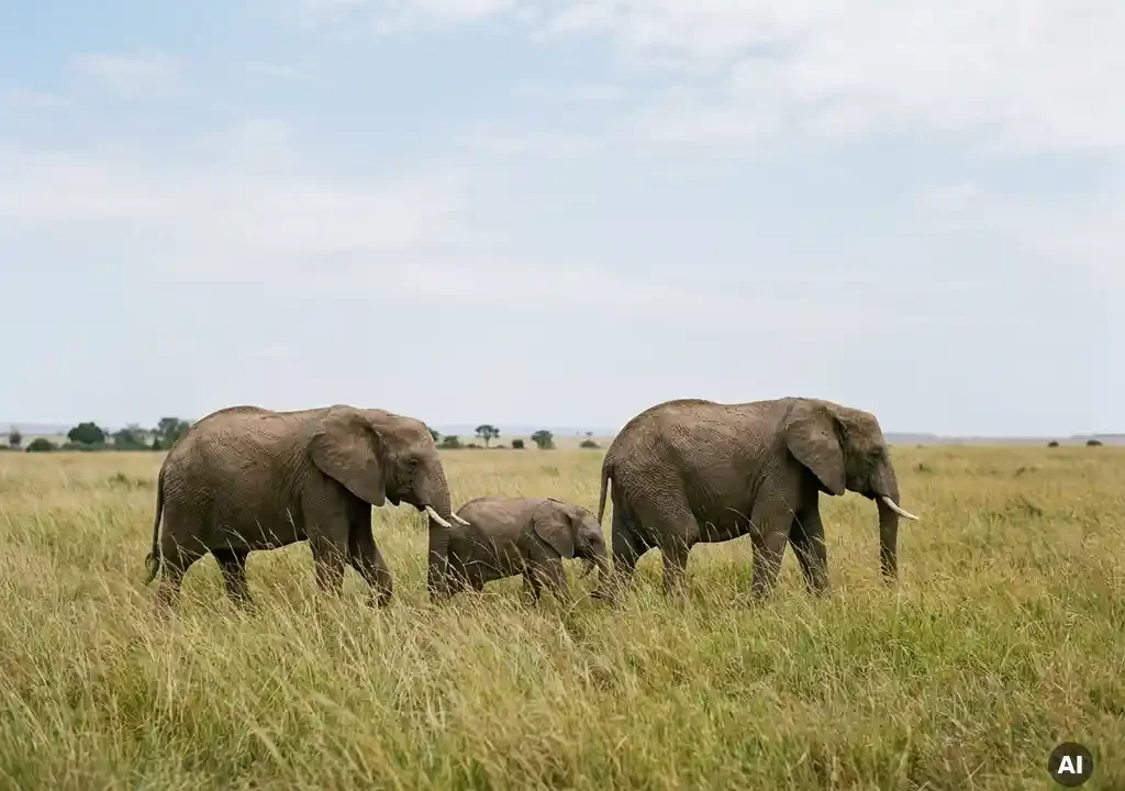 Familiegroep olifanten trekt door de Afrikaanse savanne, omringd door droog goudgroen gras onder een lichtblauwe lucht.