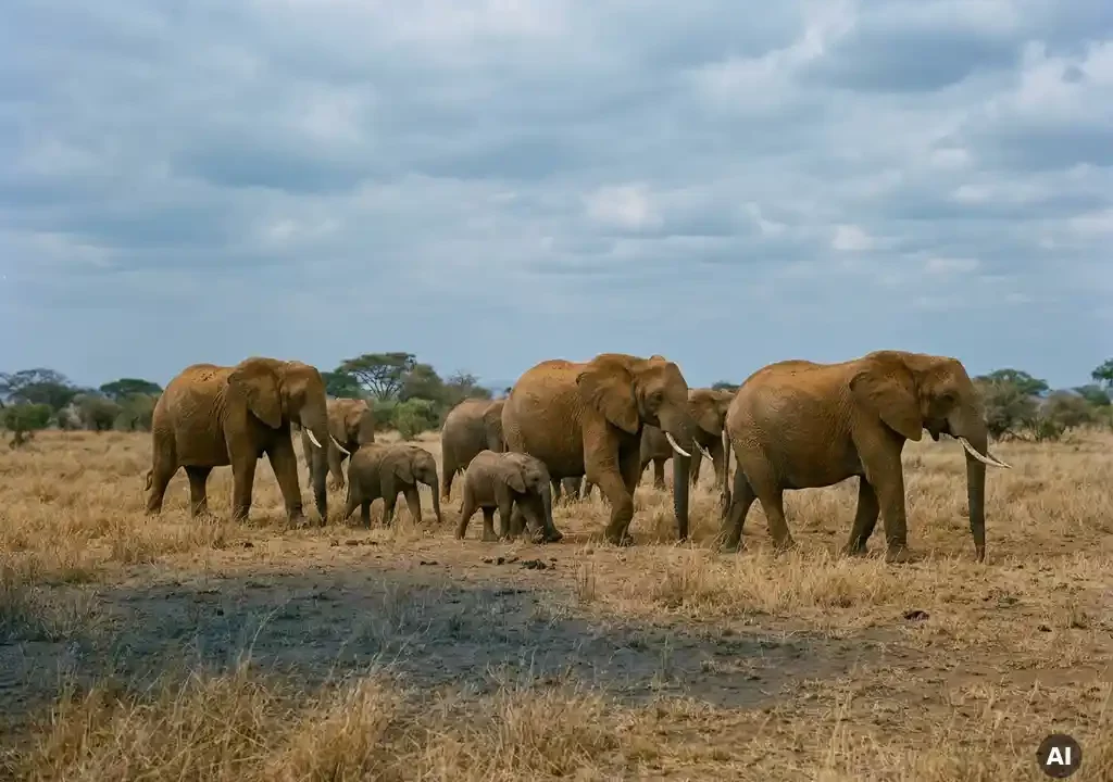 Olifantenfamilie trekt rustig door gouden savannegras onder een bewolkte blauwe lucht in de Afrikaanse wildernis.
